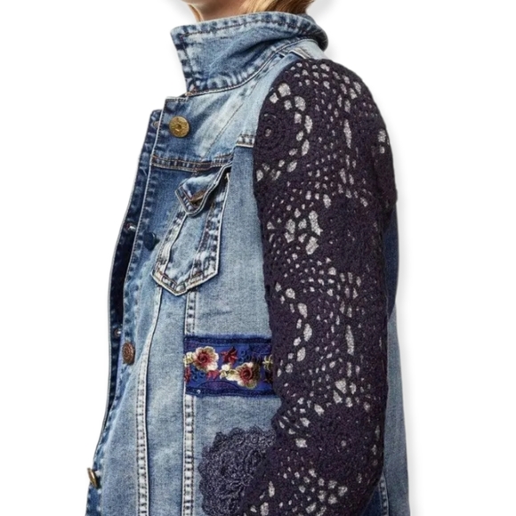Desigual jean jacket with crochet knit overlay removable collar size 38 - Picture 10 of 16